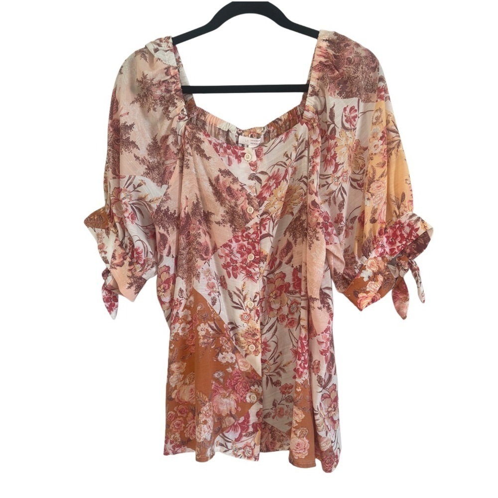 LC Lauren Conrad Pink and Orange Ruffled Puff Sleeve Floral Button Front Blouse